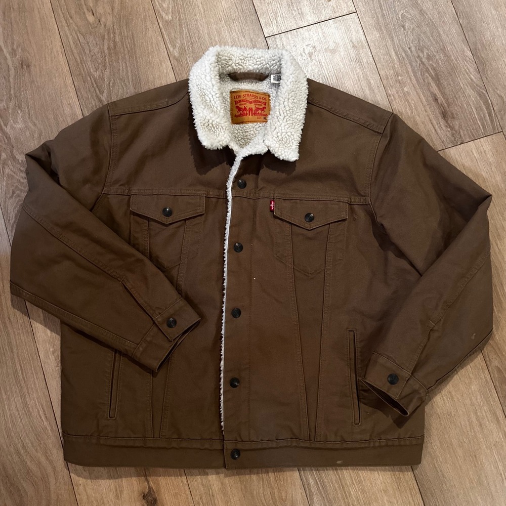 Levis Sherpa Lined Trucker Jacket Mens XL Brown Canvas Snap Front Coat